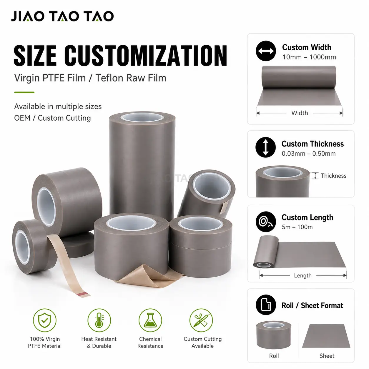 Custom virgin PTFE film with width, thickness, length, and cutting customization options.